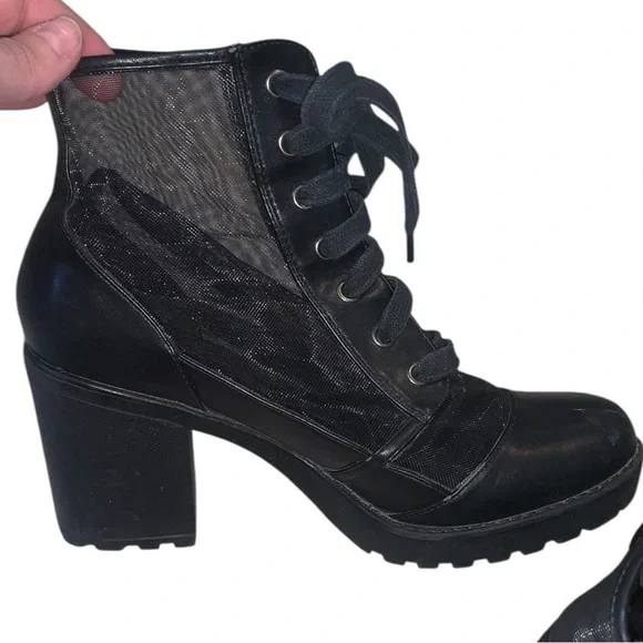 Forever 21 Black Mesh Ankle Booties Block Heel Boots Lace Up Moto Goth Sheer - Picture 5 of 8